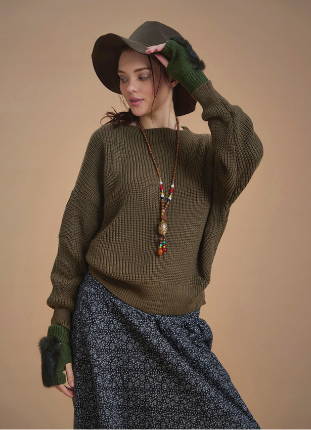 Bohemian Style Khaki Women Knitted Sweater