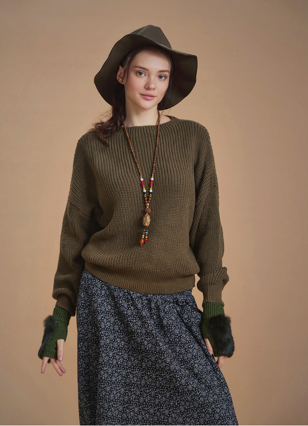 Bohemian Style Khaki Women Knitted Sweater