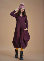 Boho Big Pockets Tie Waist V Neckline Maroon Dress