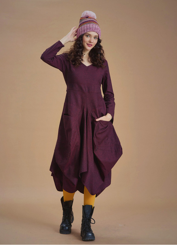 Boho Big Pockets Tie Waist V Neckline Maroon Dress