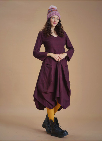 Boho Big Pockets Tie Waist V Neckline Maroon Dress