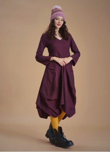 Boho Big Pockets Tie Waist V Neckline Maroon Dress