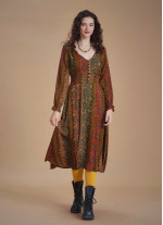 Boho Style Ruffle Sleeve Mustard Patterned Dress