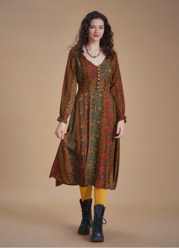 Boho Style Ruffle Sleeve Mustard Patterned Dress