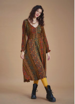 Boho Style Ruffle Sleeve Mustard Patterned Dress