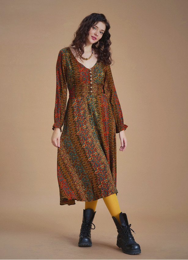 Boho Style Ruffle Sleeve Mustard Patterned Dress