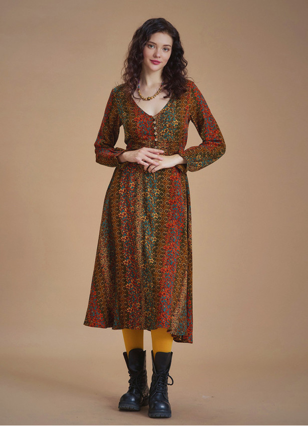 Boho Style Ruffle Sleeve Mustard Patterned Dress