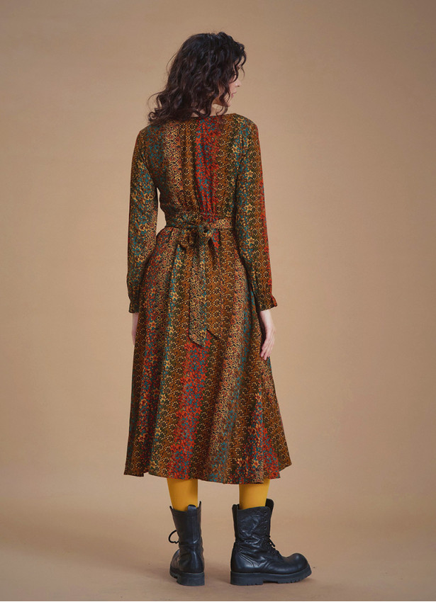 Boho Style Ruffle Sleeve Mustard Patterned Dress