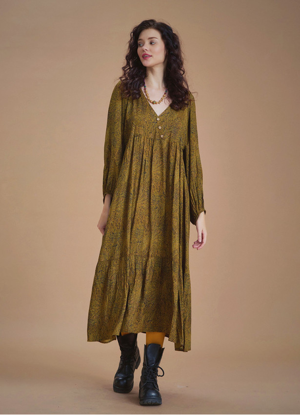 Long Puff Sleeve Patterned Long Tiered Dress