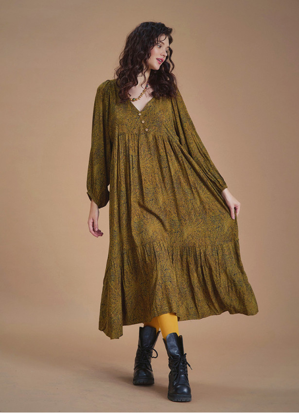 Long Puff Sleeve Patterned Long Tiered Dress