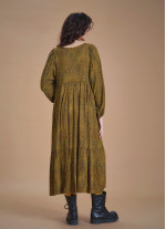 Long Puff Sleeve Patterned Long Tiered Dress