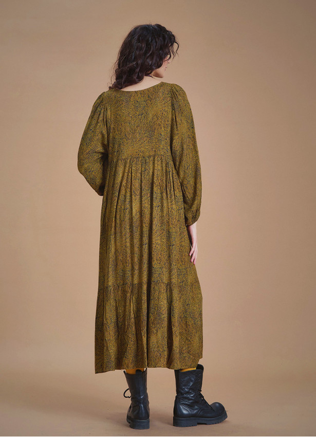 Long Puff Sleeve Patterned Long Tiered Dress