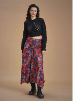 Red Printed Asymmetrical Hem Flared Midi Skirt