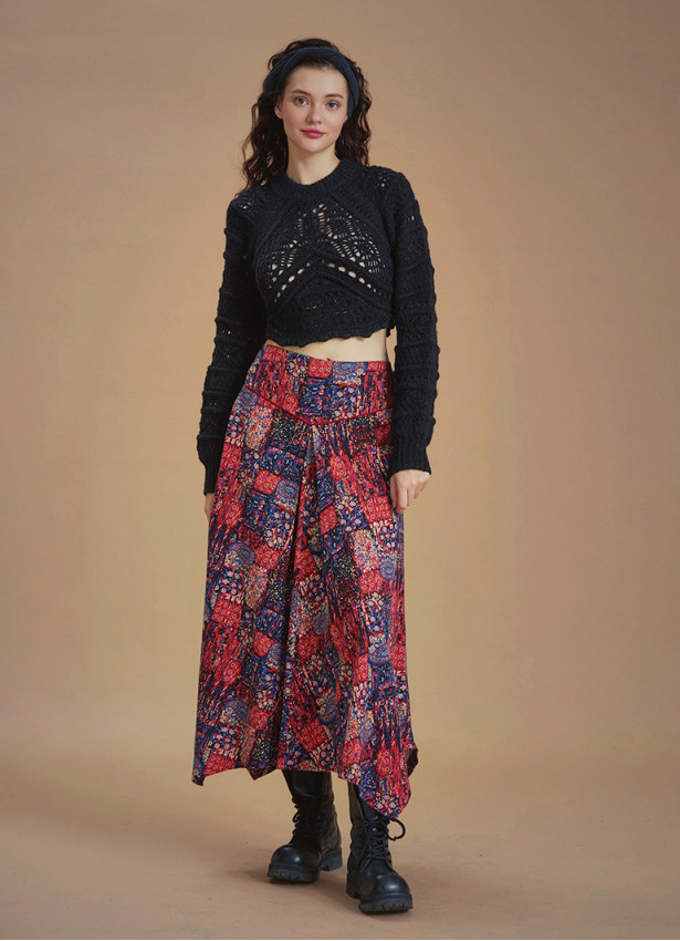 Red Printed Asymmetrical Hem Flared Midi Skirt