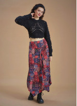 Red Printed Asymmetrical Hem Flared Midi Skirt