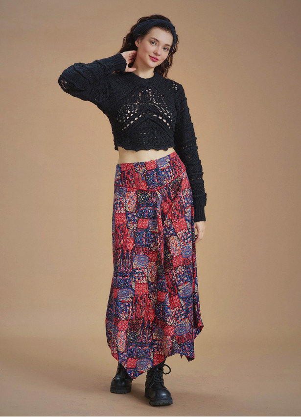 Red Printed Asymmetrical Hem Flared Midi Skirt