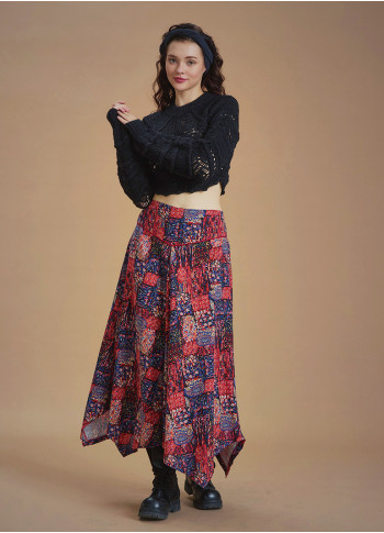 Red Printed Asymmetrical Hem Flared Midi Skirt