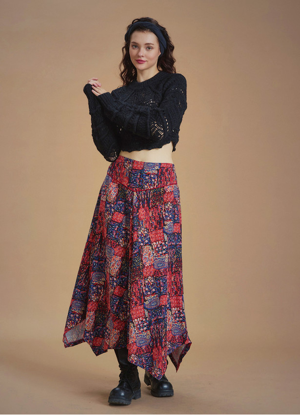 Red Printed Asymmetrical Hem Flared Midi Skirt