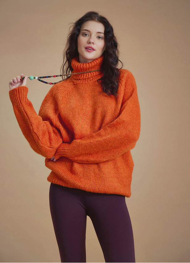 Bohemian Style Knitted Women's Orange Sweater