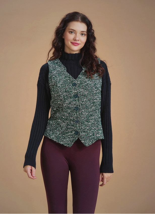 Neckline Button Detailed Slim Fit Green Paterned Vest