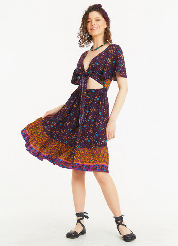 Border Hem Detail Tie Front Purple Floral Summer Dress