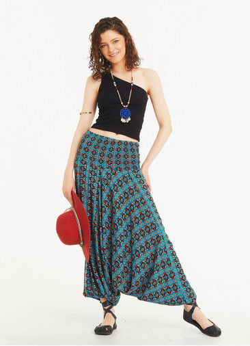 Blue Print Wide Shirred Waist Boho Style Harem Pants