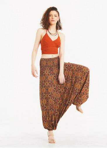 Purple Print Wide Shirred Waist Boho Style Harem Pants