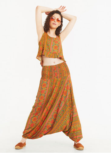 Mustard Print Wide Shirred Waist Boho Style Harem Pants