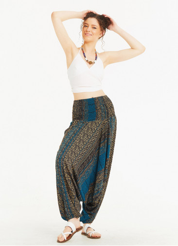 Patch Print Wide Shirred Waist Boho Style Harem Pants