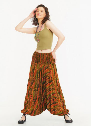 Mustard Print Wide Shirred Waist Boho Style Wholesale Harem Pants