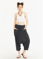 Grey Patterned Elastic Waist Capri Harem Pants