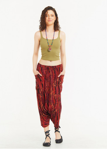 Red Patterned Elastic Waist Capri Harem Pants