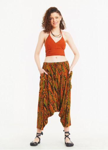 Ethnic Patterned Elastic Waist Capri Harem Pants