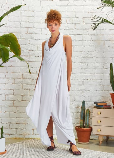 Boho Style Loose  Cowl Neck White Dress