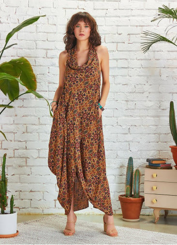 Wrap Front Cowl Neck Long Boho Dress