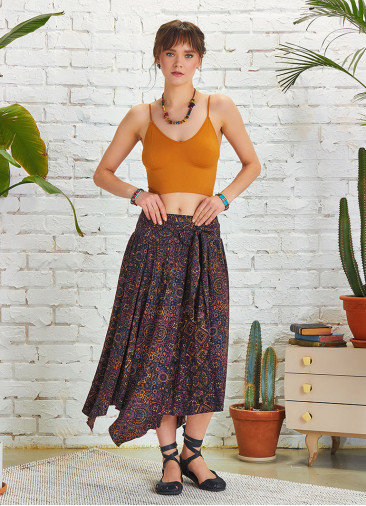 Purple Patterned Asymmetrical Hem Flowy Midi Skirt