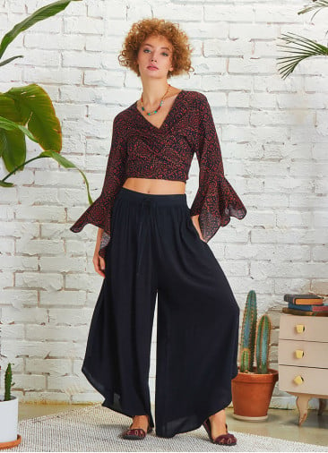 Boho Style Draw String Black Wide Leg Loose Pants