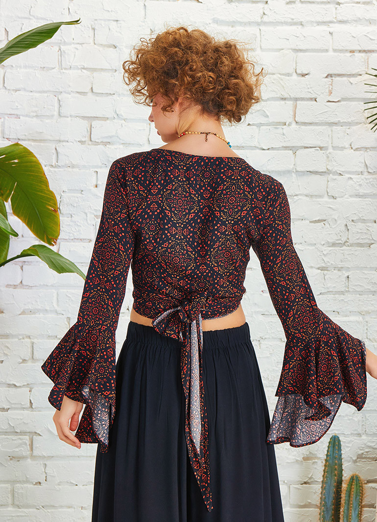 Brown Patterned Gypsy Style Bell Sleeve Crop Top | Wholesale Boho Clothing
