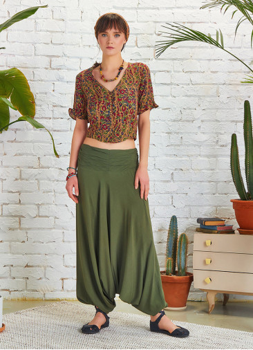 Draped Front Detail Elastic Waist Khaki Salwar Pants