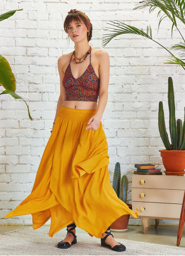 Smocked Waist Layered Yellow Maxi Boho Skirt