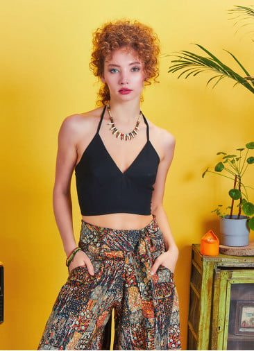 Gathered Tie Back Bust Cup Halter Black Crop Top