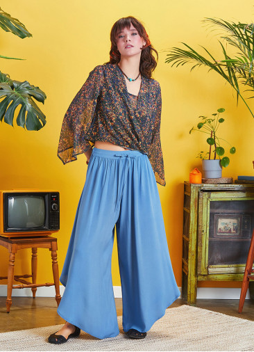 Boho Style Draw String Blue Wide Leg Loose Pants