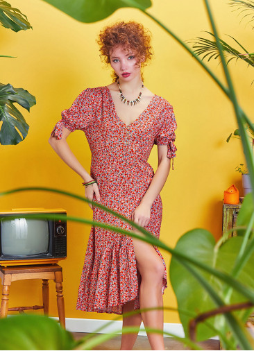 Tie Cuff Boho Chic Red Floral Ruffled Dress