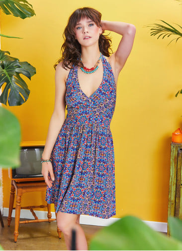 Blue Patterned Tie Neck Gathered Waist Bohemian Skater Dress