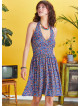 Blue Patterned Tie Neck Gathered Waist Bohemian Skater Dress