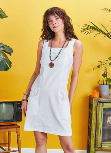 Square Neck Front Pocket Strappy White Dress