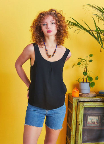 Scoop Neck Wide Strap Black Open Back Top