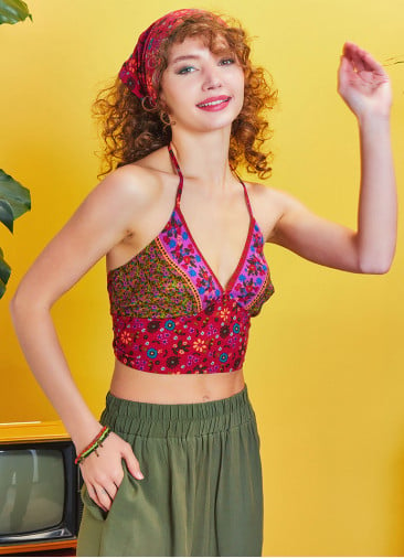 Gathered Tie Back Bust Cup Halter Authentic Print Crop Top