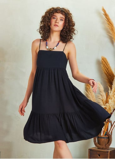 Strappy Square Neck Boho Style Tiered Black Dress