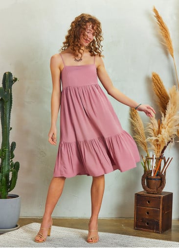 Strappy Square Neck Boho Style Tiered Pink Dress